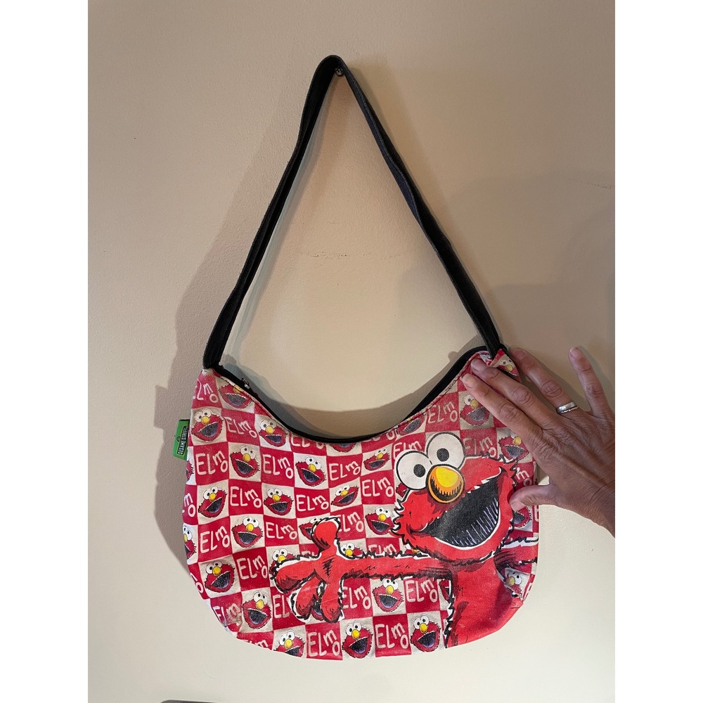 Sesame Street Elmo Checkered Canvas Shoulder Bag Red White Hobo Purse